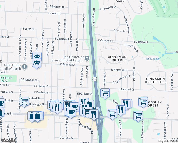 map of restaurants, bars, coffee shops, grocery stores, and more near 1444 Lovers Lane in Springfield