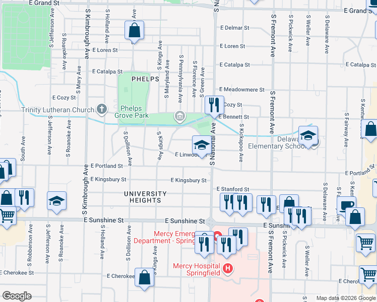 map of restaurants, bars, coffee shops, grocery stores, and more near 1052 East Linwood Drive in Springfield