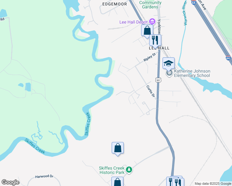 map of restaurants, bars, coffee shops, grocery stores, and more near 252 Misty Point Lane in Newport News