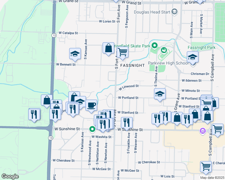 map of restaurants, bars, coffee shops, grocery stores, and more near 1575 South Fort Avenue in Springfield