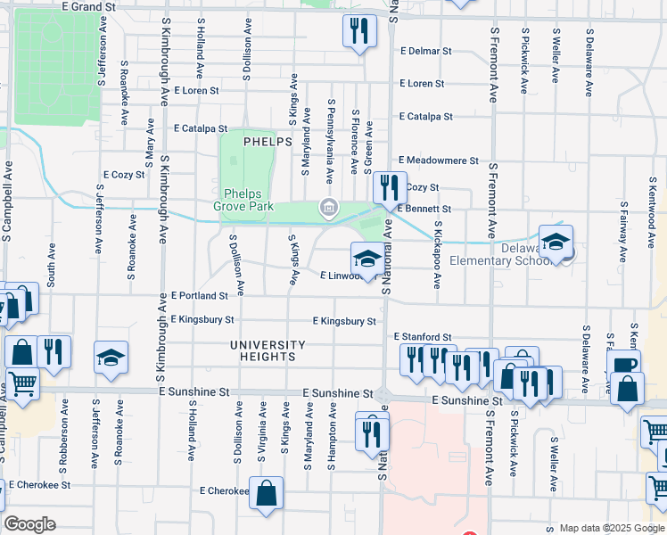 map of restaurants, bars, coffee shops, grocery stores, and more near 1052 East Linwood Drive in Springfield
