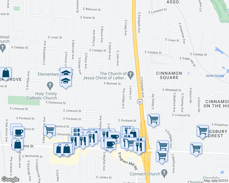 map of restaurants, bars, coffee shops, grocery stores, and more near 1431 South John Avenue in Springfield