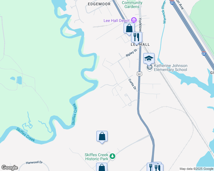 map of restaurants, bars, coffee shops, grocery stores, and more near 207 Misty Point Lane in Newport News