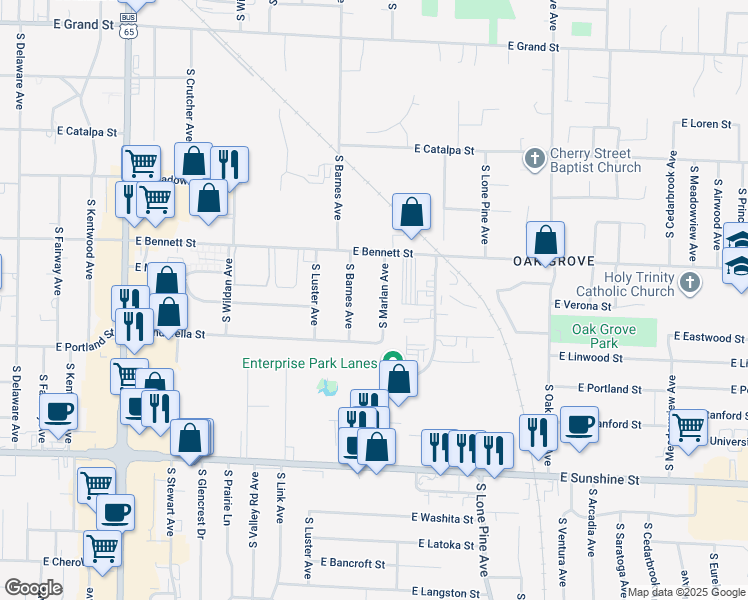 map of restaurants, bars, coffee shops, grocery stores, and more near 1504 South Barnes Avenue in Springfield
