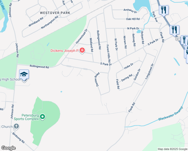 map of restaurants, bars, coffee shops, grocery stores, and more near 3100 Denise Road in Petersburg