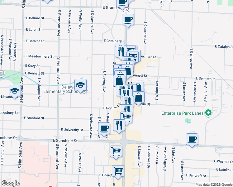 map of restaurants, bars, coffee shops, grocery stores, and more near 1517 South Kentwood Avenue in Springfield