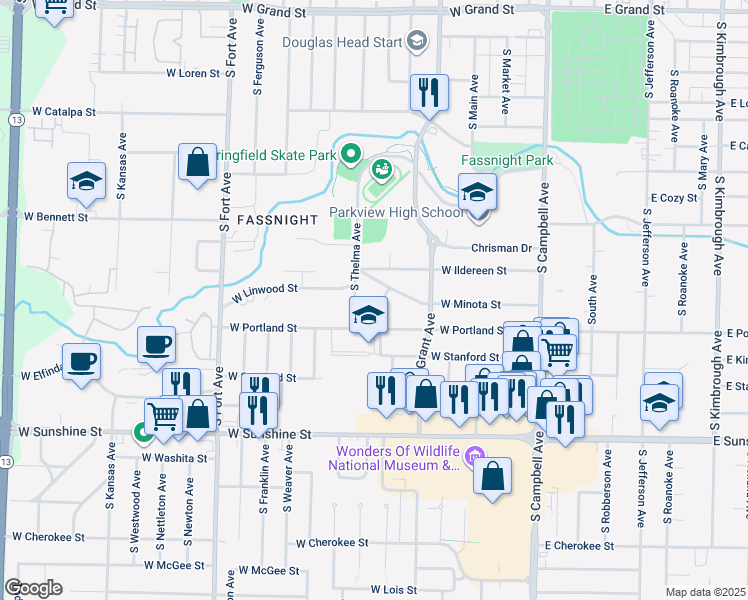 map of restaurants, bars, coffee shops, grocery stores, and more near 1548 South Missouri Avenue in Springfield