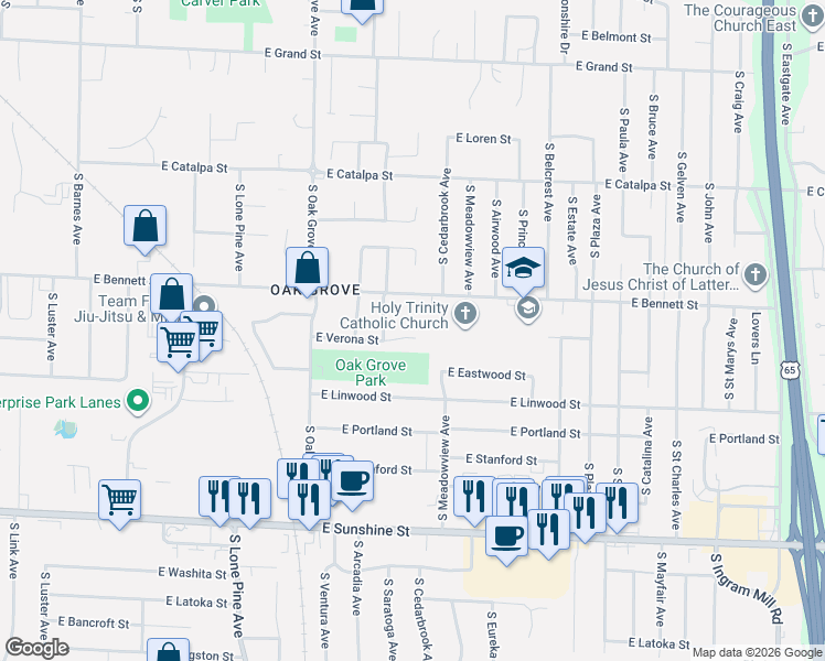 map of restaurants, bars, coffee shops, grocery stores, and more near 2764 East Verona Street in Springfield