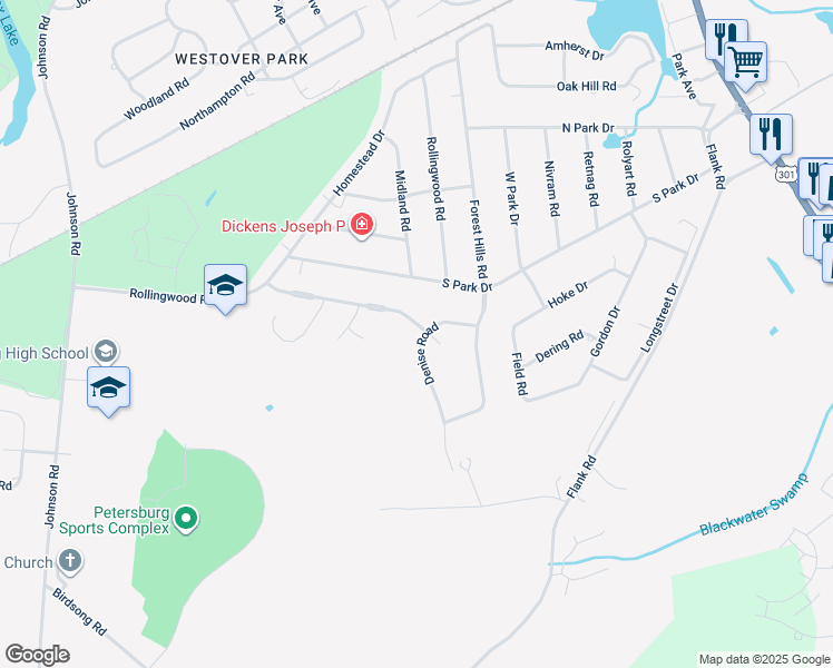 map of restaurants, bars, coffee shops, grocery stores, and more near 3100 Denise Road in Petersburg