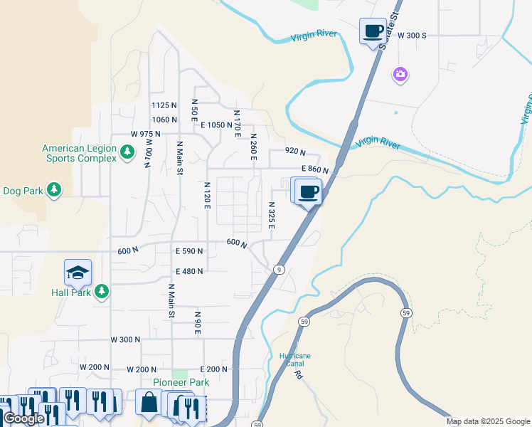 map of restaurants, bars, coffee shops, grocery stores, and more near 703 North 325 East in Hurricane