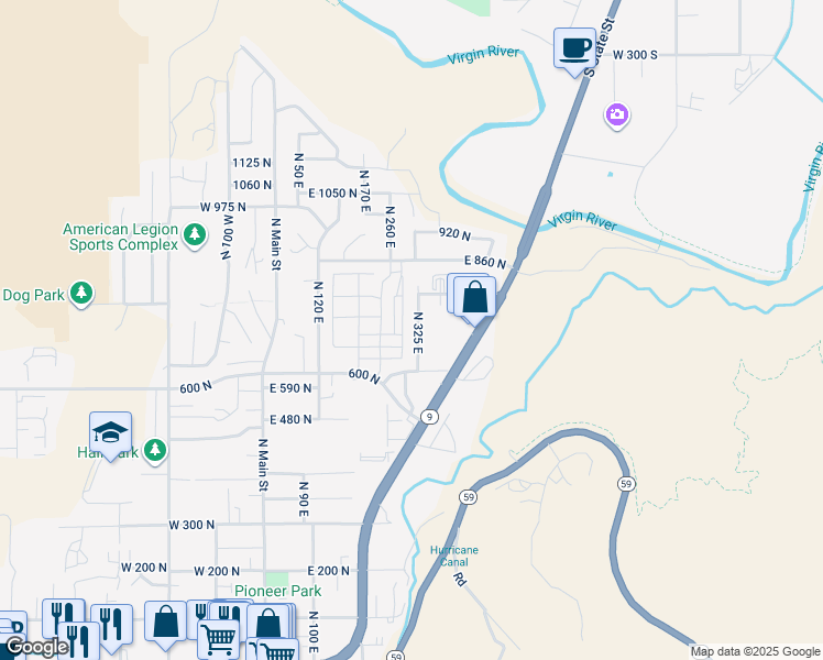 map of restaurants, bars, coffee shops, grocery stores, and more near 703 North 325 East in Hurricane