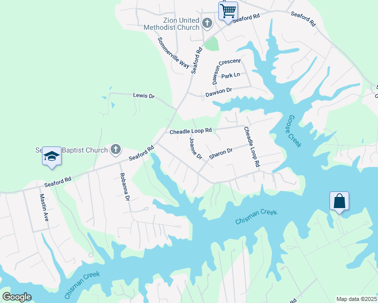 map of restaurants, bars, coffee shops, grocery stores, and more near 108 Joanne Circle in Seaford