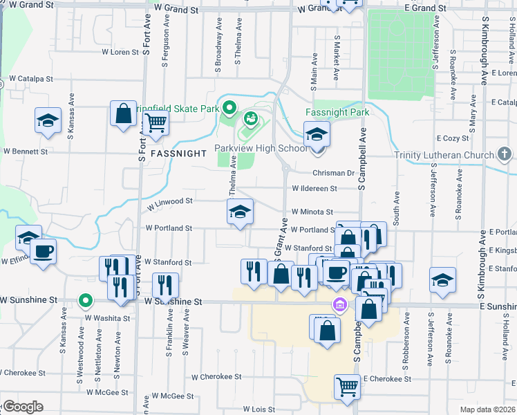map of restaurants, bars, coffee shops, grocery stores, and more near 1548 South Missouri Avenue in Springfield