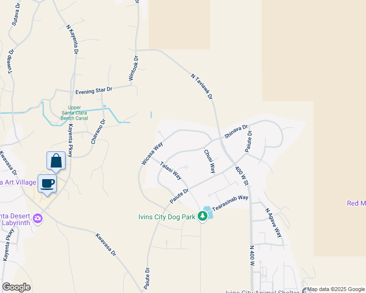 map of restaurants, bars, coffee shops, grocery stores, and more near 662 Shinava Drive in Ivins
