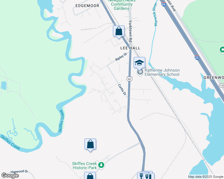 map of restaurants, bars, coffee shops, grocery stores, and more near 122 Inland View Drive in Newport News