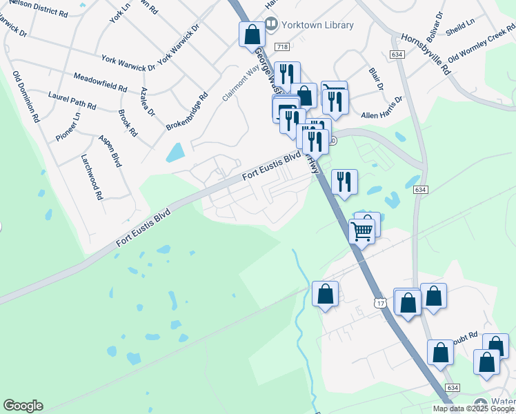 map of restaurants, bars, coffee shops, grocery stores, and more near 121 Grant Court in Yorktown