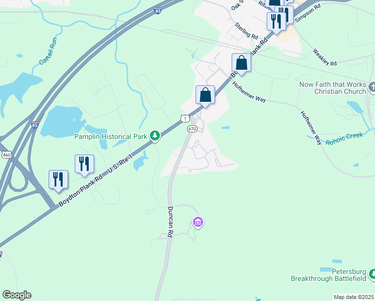 map of restaurants, bars, coffee shops, grocery stores, and more near 6204 State Route 670 in Petersburg