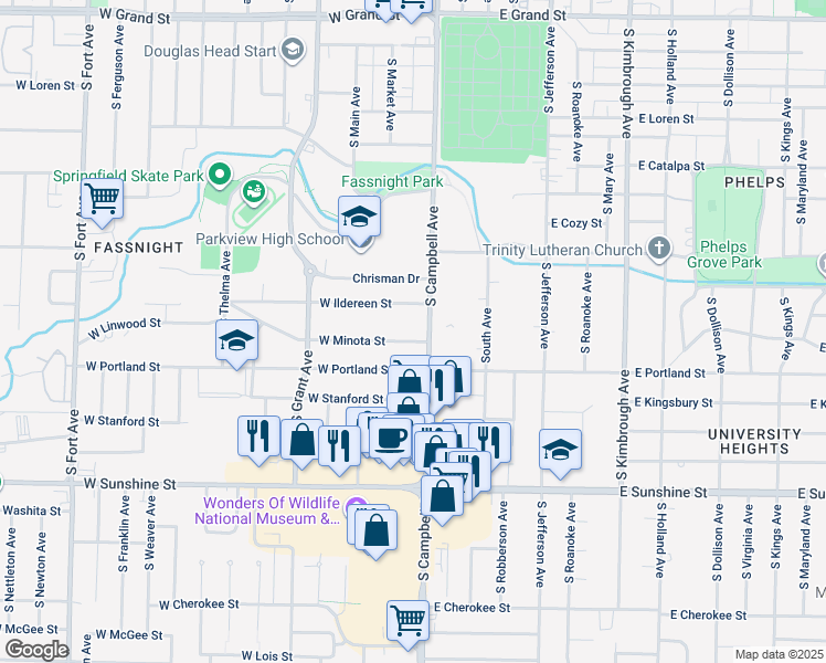 map of restaurants, bars, coffee shops, grocery stores, and more near 416 West Minota Street in Springfield