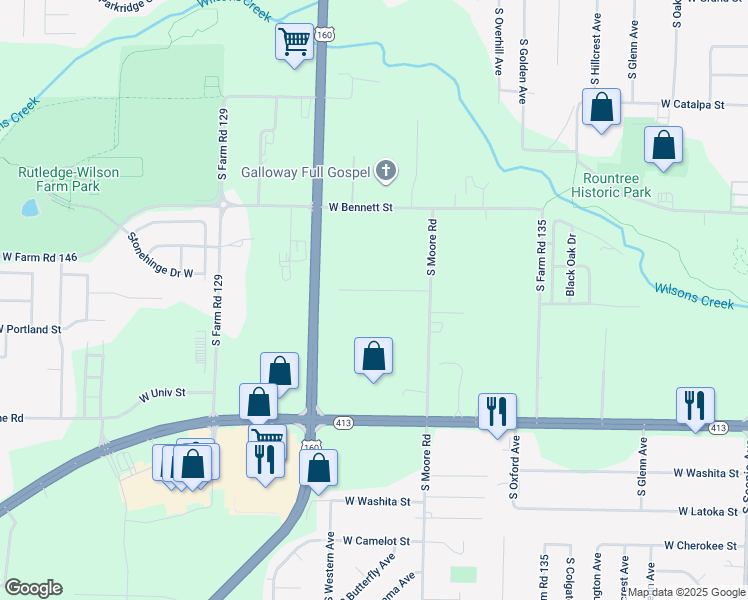 map of restaurants, bars, coffee shops, grocery stores, and more near 3412 West Farm Road 148 in Springfield