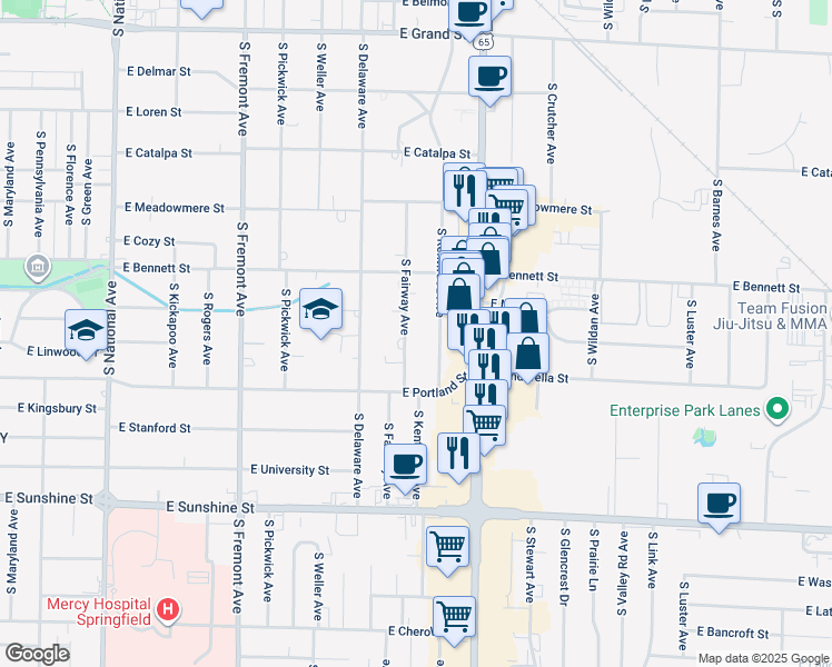 map of restaurants, bars, coffee shops, grocery stores, and more near 1517 South Kentwood Avenue in Springfield