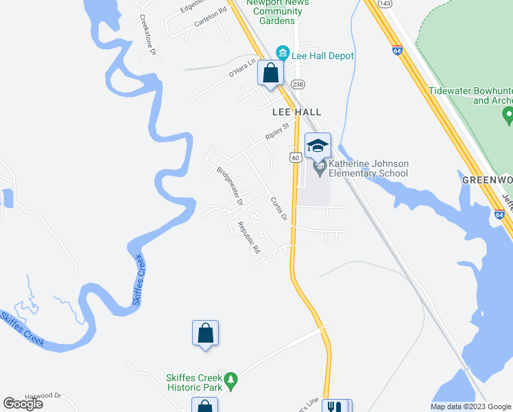 map of restaurants, bars, coffee shops, grocery stores, and more near 120 Inland View Drive in Newport News