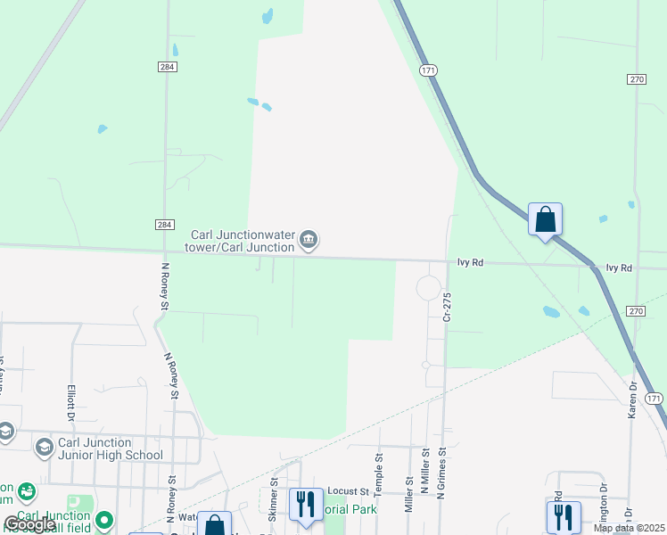 map of restaurants, bars, coffee shops, grocery stores, and more near 28202 Ivy Road in Carl Junction
