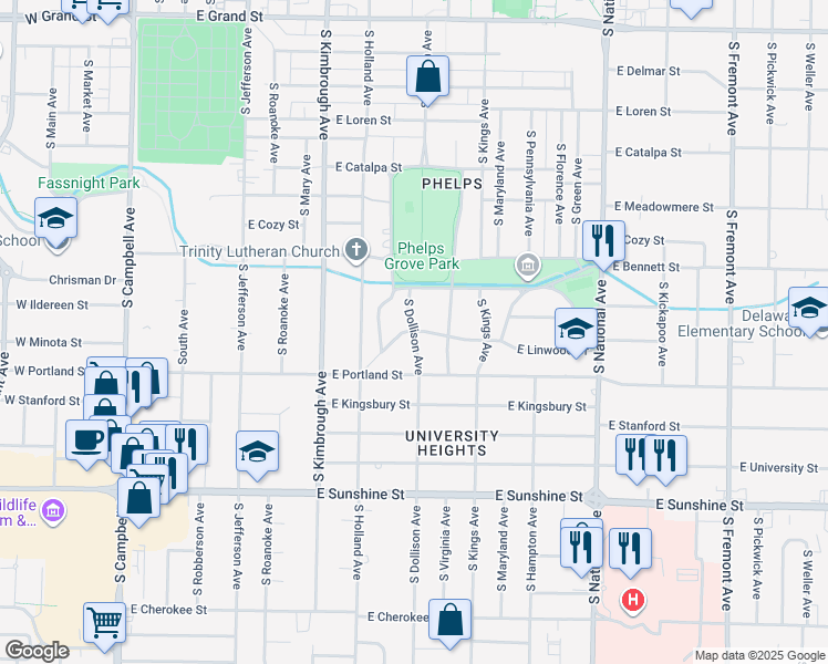 map of restaurants, bars, coffee shops, grocery stores, and more near 1501 South Dollison Avenue in Springfield