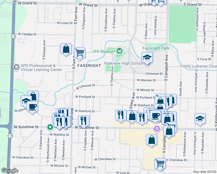 map of restaurants, bars, coffee shops, grocery stores, and more near 1525 South Thelma Avenue in Springfield