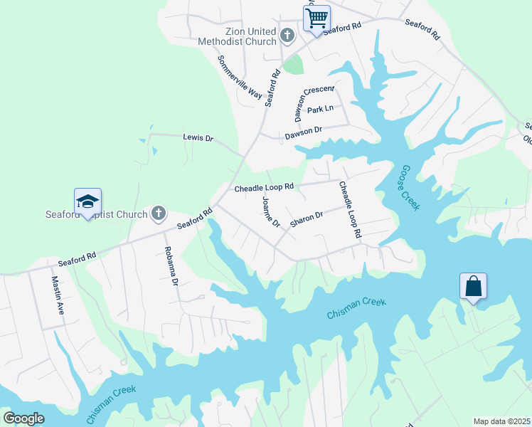 map of restaurants, bars, coffee shops, grocery stores, and more near 108 Joanne Circle in Seaford
