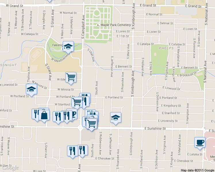 map of restaurants, bars, coffee shops, grocery stores, and more near 1517 South Jefferson Avenue in Springfield