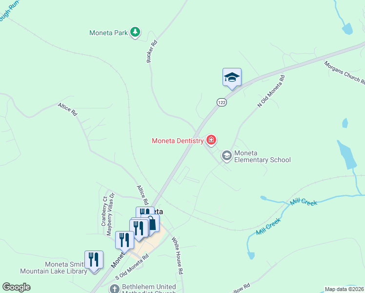 map of restaurants, bars, coffee shops, grocery stores, and more near 12793 Moneta Road in Moneta