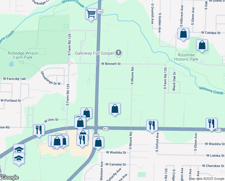 map of restaurants, bars, coffee shops, grocery stores, and more near 3412 West Farm Road 148 in Springfield
