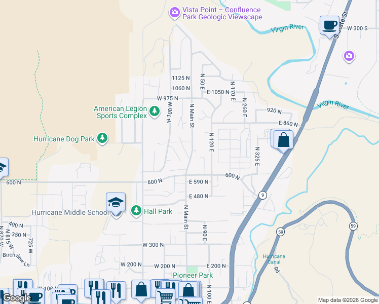 map of restaurants, bars, coffee shops, grocery stores, and more near 731 North Main Street in Hurricane