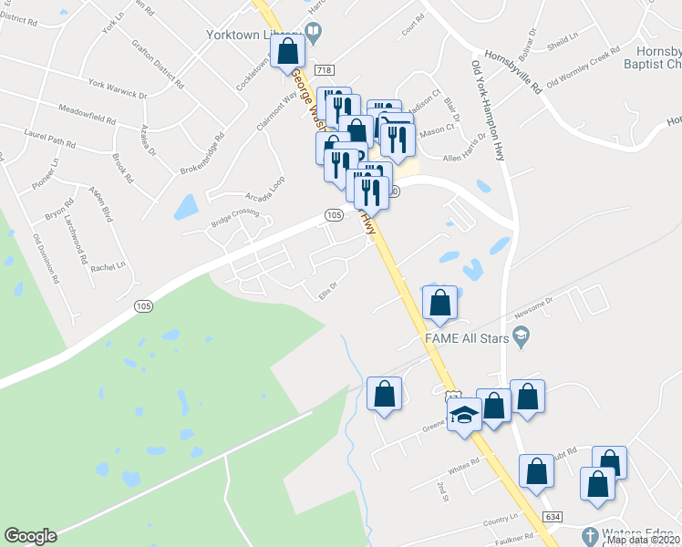map of restaurants, bars, coffee shops, grocery stores, and more near 104 Ellis Drive in Yorktown
