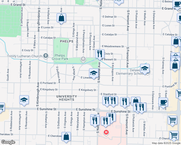 map of restaurants, bars, coffee shops, grocery stores, and more near 1101-1159 East Linwood Circle in Springfield