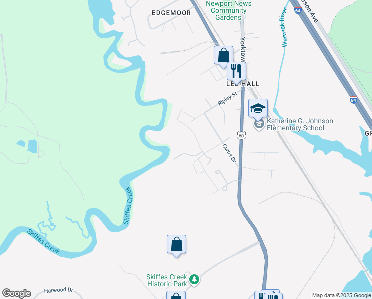 map of restaurants, bars, coffee shops, grocery stores, and more near 219 Bridgewater Drive in Newport News