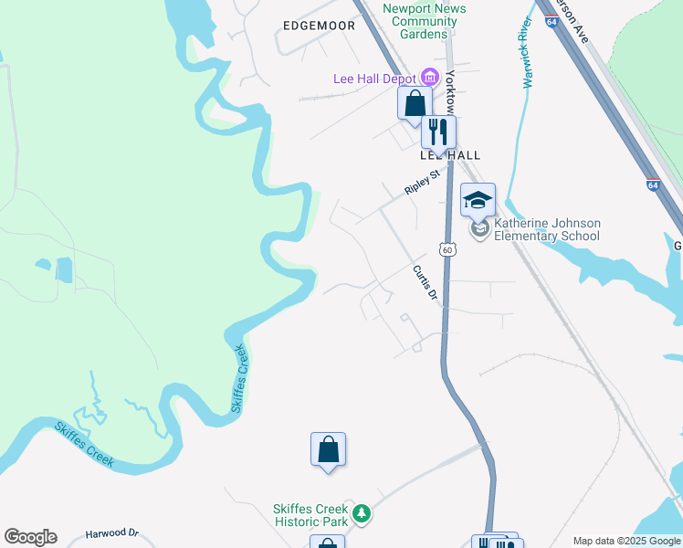 map of restaurants, bars, coffee shops, grocery stores, and more near 222 Misty Point Lane in Newport News