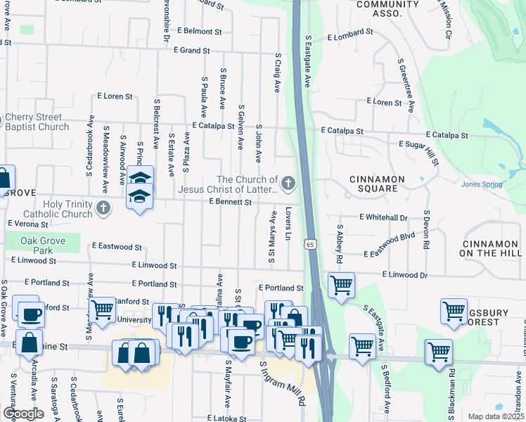 map of restaurants, bars, coffee shops, grocery stores, and more near 1360 South John Avenue in Springfield