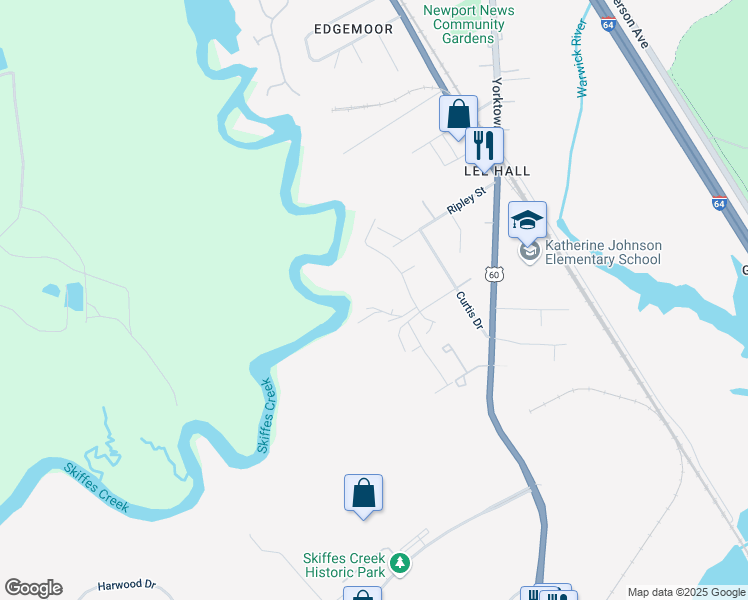 map of restaurants, bars, coffee shops, grocery stores, and more near 226 Misty Point Lane in Newport News