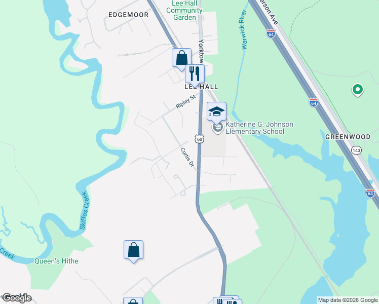 map of restaurants, bars, coffee shops, grocery stores, and more near 17343 Warwick Boulevard in Newport News