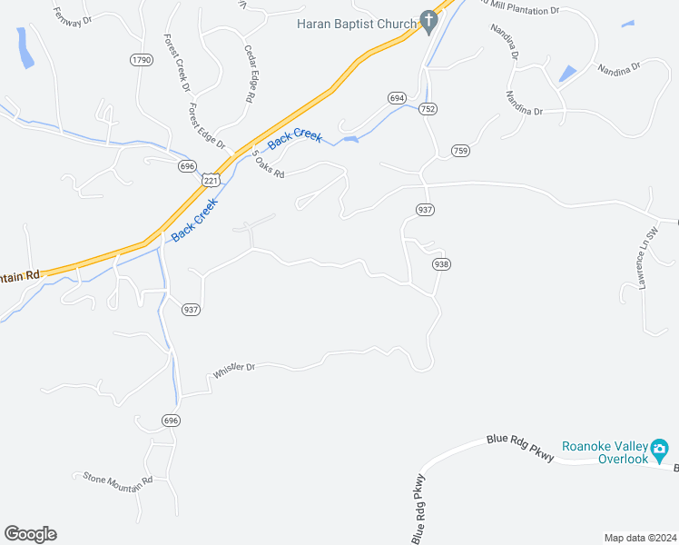 map of restaurants, bars, coffee shops, grocery stores, and more near 7890 Whistler Drive in Roanoke