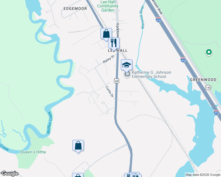 map of restaurants, bars, coffee shops, grocery stores, and more near 17343 Warwick Boulevard in Newport News