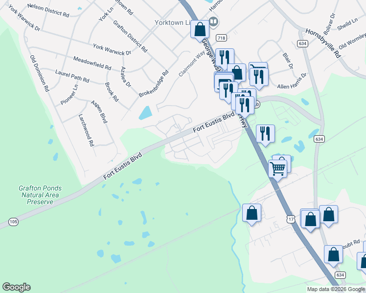 map of restaurants, bars, coffee shops, grocery stores, and more near 201 Manchester Way in Yorktown
