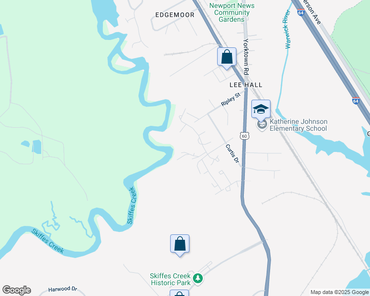 map of restaurants, bars, coffee shops, grocery stores, and more near 226 Misty Point Lane in Newport News