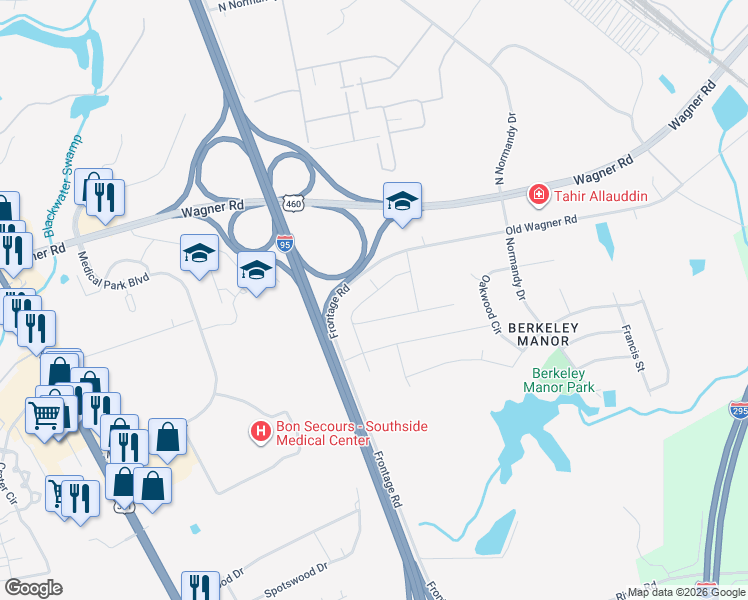 map of restaurants, bars, coffee shops, grocery stores, and more near 420 Chanticleer Drive in Petersburg