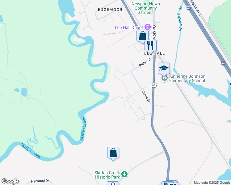 map of restaurants, bars, coffee shops, grocery stores, and more near 230 Misty Point Lane in Newport News