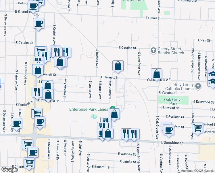 map of restaurants, bars, coffee shops, grocery stores, and more near 1418 South Barnes Avenue in Springfield
