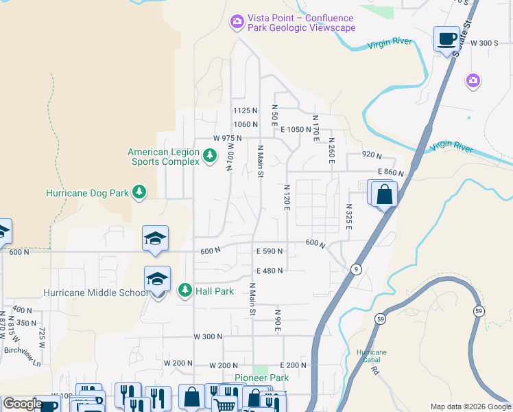 map of restaurants, bars, coffee shops, grocery stores, and more near 731 North Main Street in Hurricane