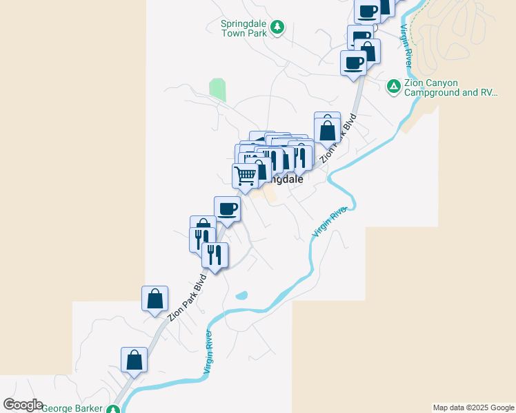 map of restaurants, bars, coffee shops, grocery stores, and more near 933 Zion Park Boulevard in Springdale