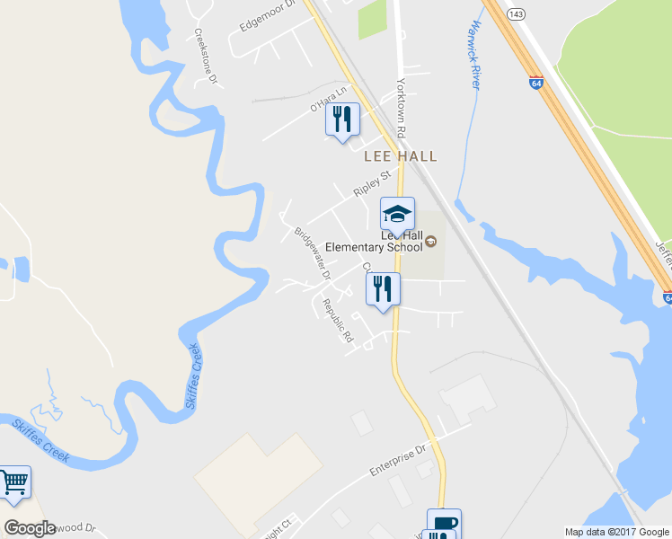 map of restaurants, bars, coffee shops, grocery stores, and more near 226 Bridgewater Drive in Newport News